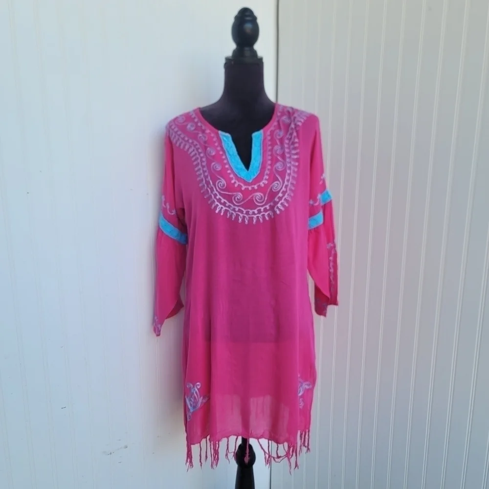 Blue Island Beach Hot Pink Blue Dress Swim Cover Up Tassel Pom Crochet Sz M